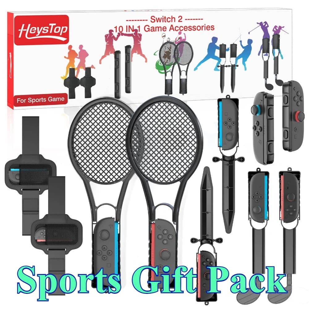 Set di accessori sportivi 10 in 1 adatto per Switch2 con racchetta da tennis e mazza da golf, adatto per feste e riunioni