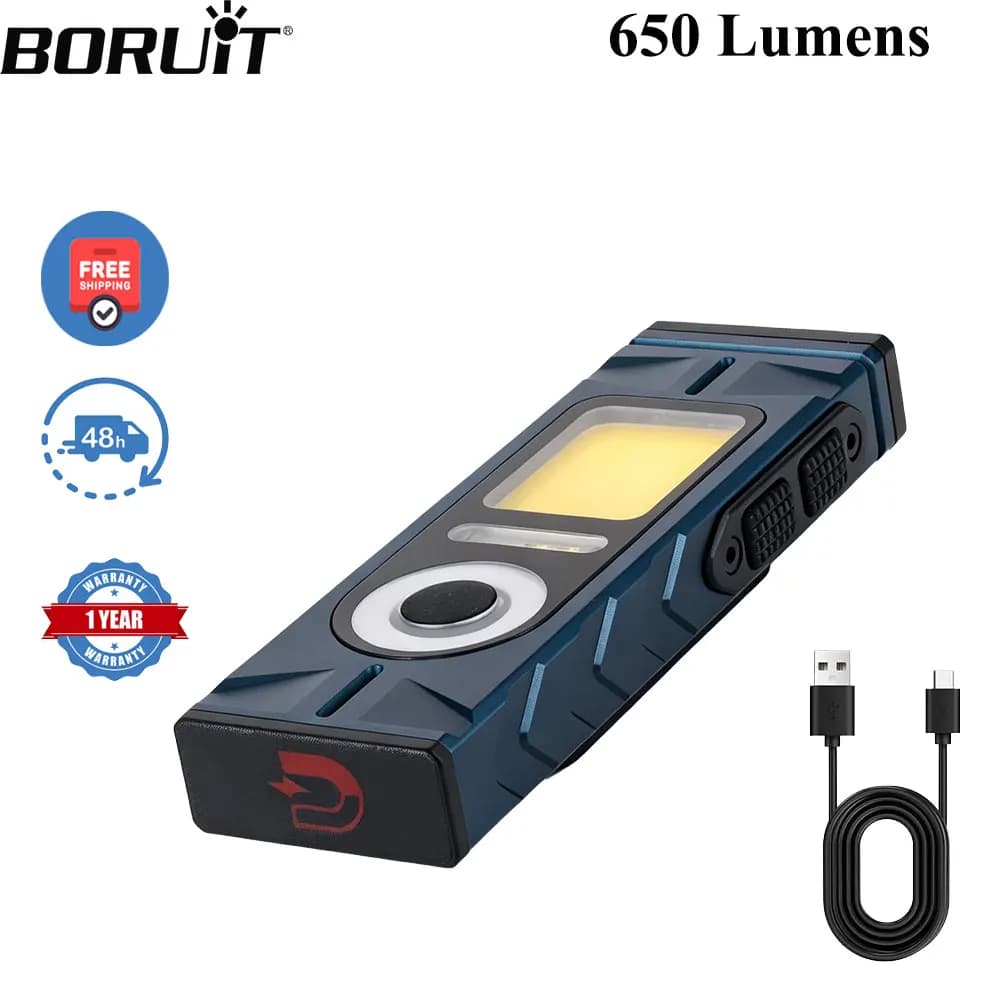 BORUiT DC04 650LM EDC Magnet Flashlight Type-C Rechargeable Work Light Torch Pocket Clip RGB UV Green Beam Emergency Outdoor