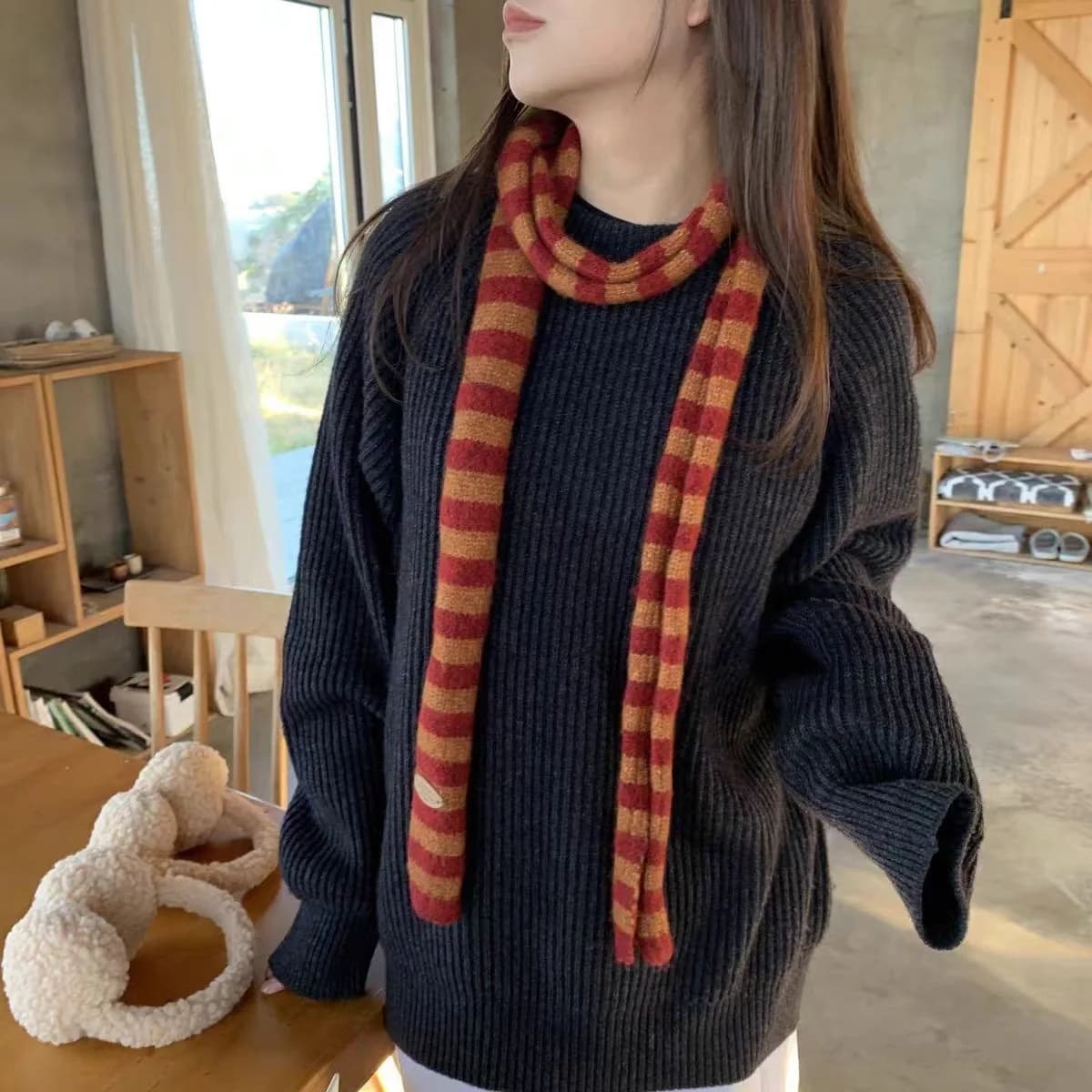 Hip Hop Niche Design Striped Scarf Harajuku Knitted Slim Narrow Women's Scarves Decoration Thickened Neck Warmer Long Tie Scarf