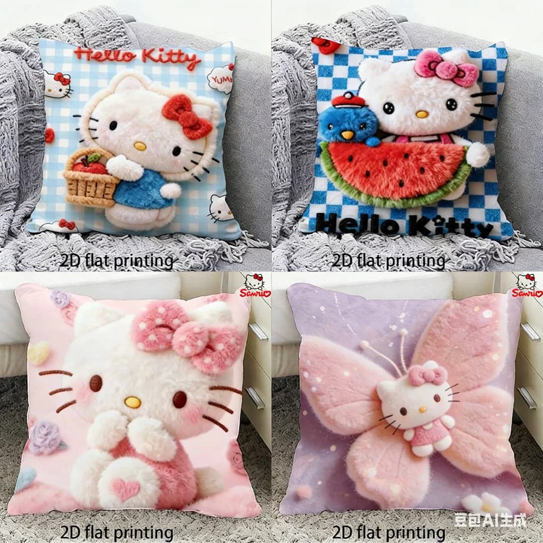 Kawaii Hello Kitty pillow cover with plush texture, 2D printing, for home decoration, bedroom, sofa and children's gift