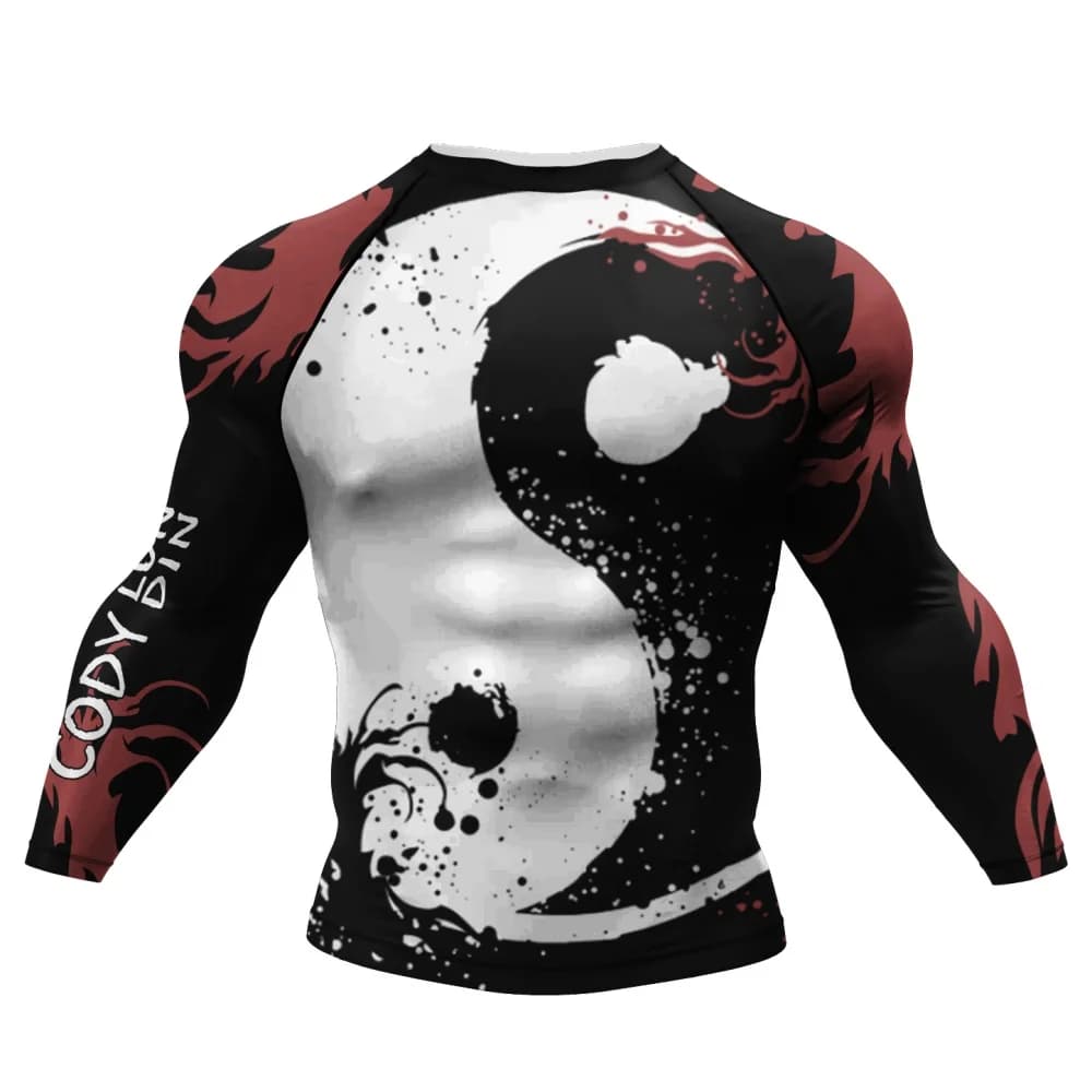 Maglia a Compressione Sportiva da Uomo a Maniche Lunghe con Motivo Tai Chi, Traspirante per Allenamento Fitness, Arti Marziali e Uso Quotidiano