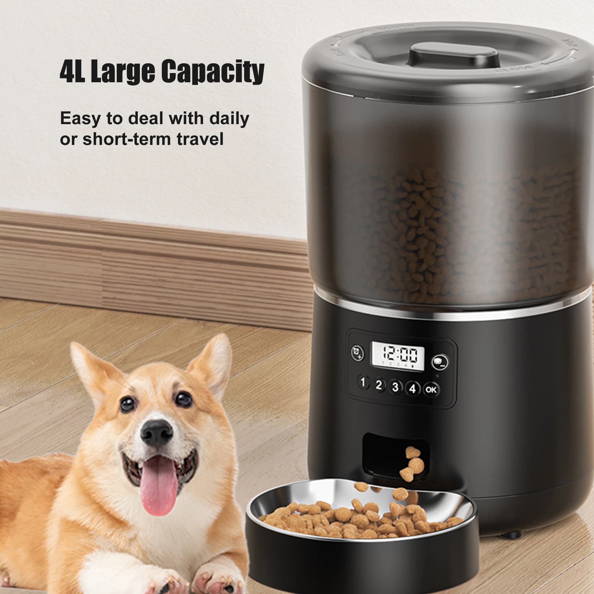 Dispenser Automatico per Cibo Secco per Cani e Gatti con Ciotola in Acciaio Inox da 4L e Timer