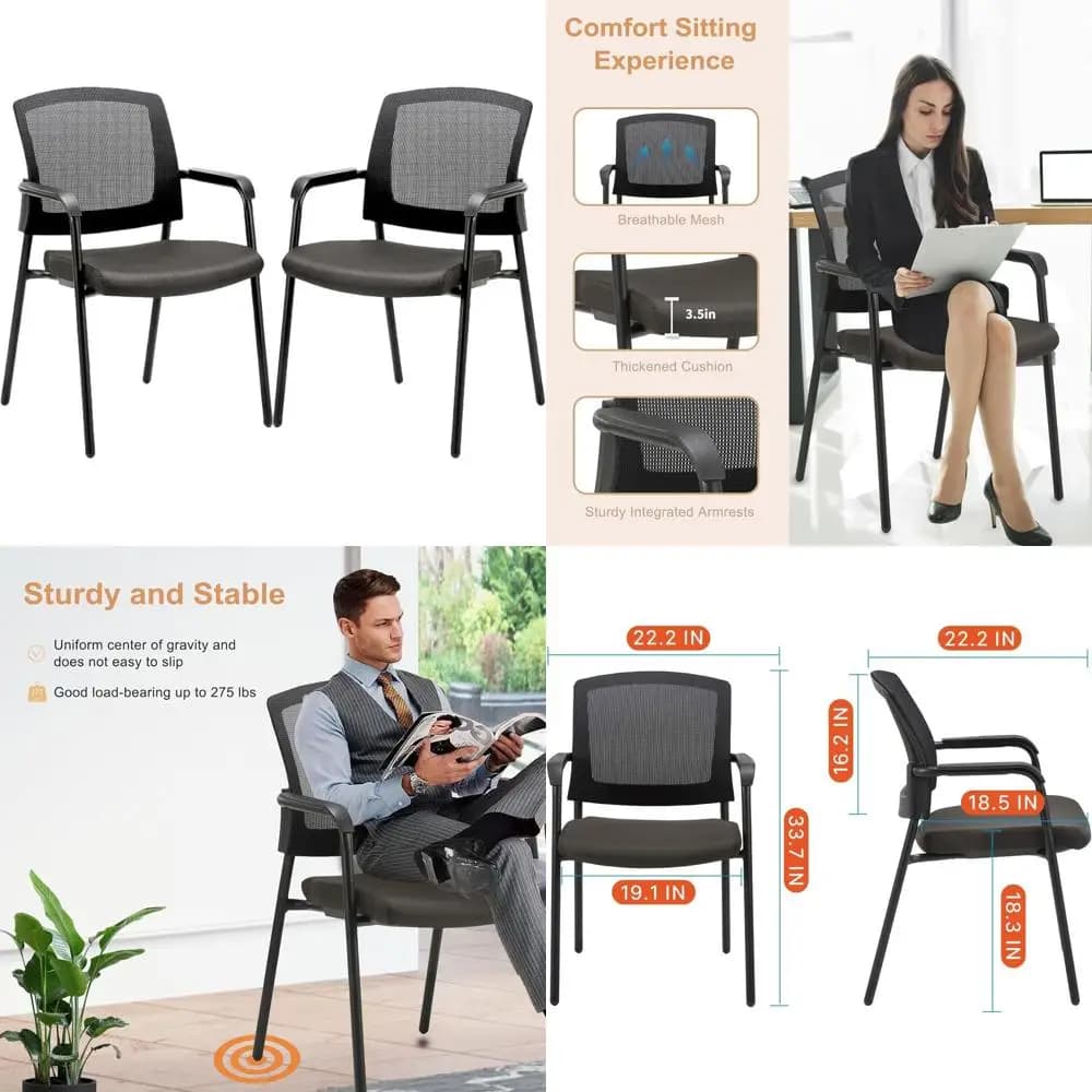 Sedie impilabili ergonomiche con schienale in rete e sedili imbottiti per ufficio, conferenze, sale d'attesa - Nero (confezione da 2)