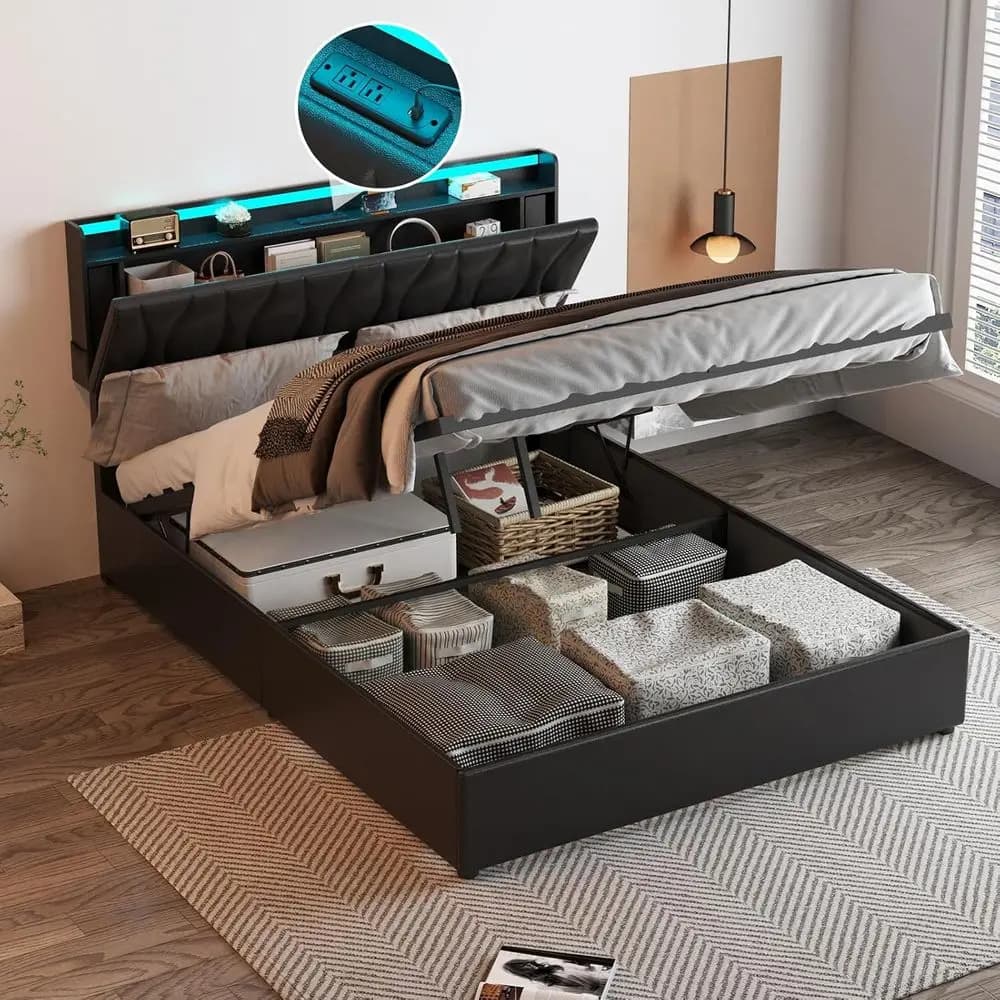 Double bed with improved container, adjustable base, USB charging, LED lights, wooden slats, silent operation, no spring net required