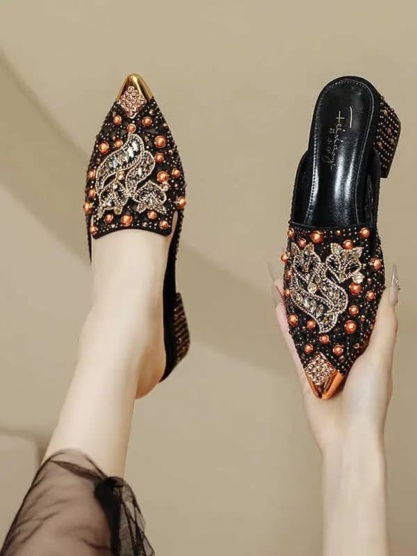 Korean Style Half Slippers Diamond Embellished Mesh Cover-Up High Heels Women's Summer Outdoor Fashionable Slippers