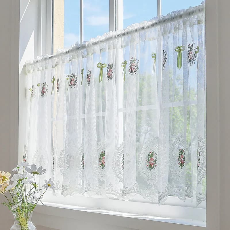 New Pastoral Style Rose Pattern Bow Curtain Lace Fabric Kitchen Door Curtains Cafe Living Room Window Kitchen Home Decoration