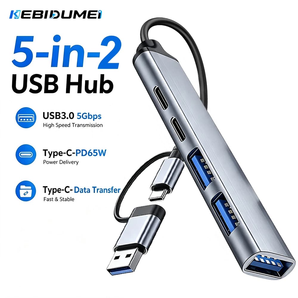 KEBIDUMEI 5-in-2 USB Hub Type C to USB3.0 USB2.0 PD65W Charging Type-C Data OTG Splitter Adapter for Desktop PC Office Laptop