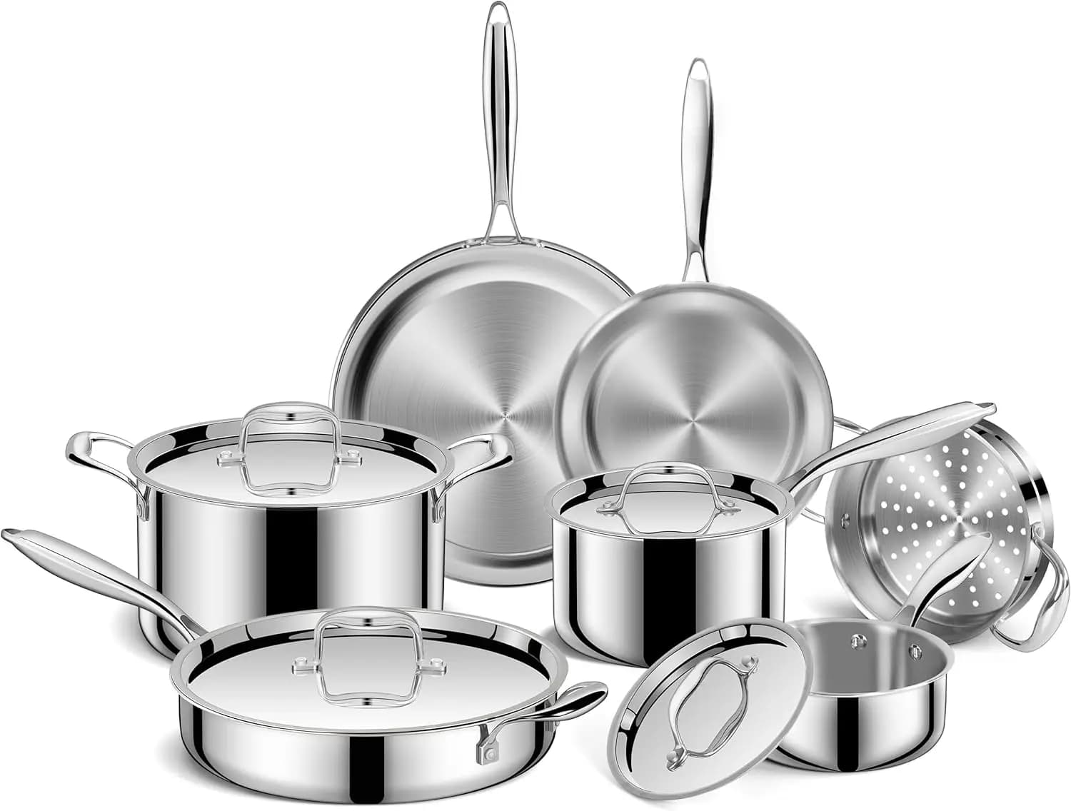 Set di Pentole in Acciaio Inox 11 Pezzi, Padelle e Casseruole a 3 Strati con Coperchi, Compatibili con l'Induzione
