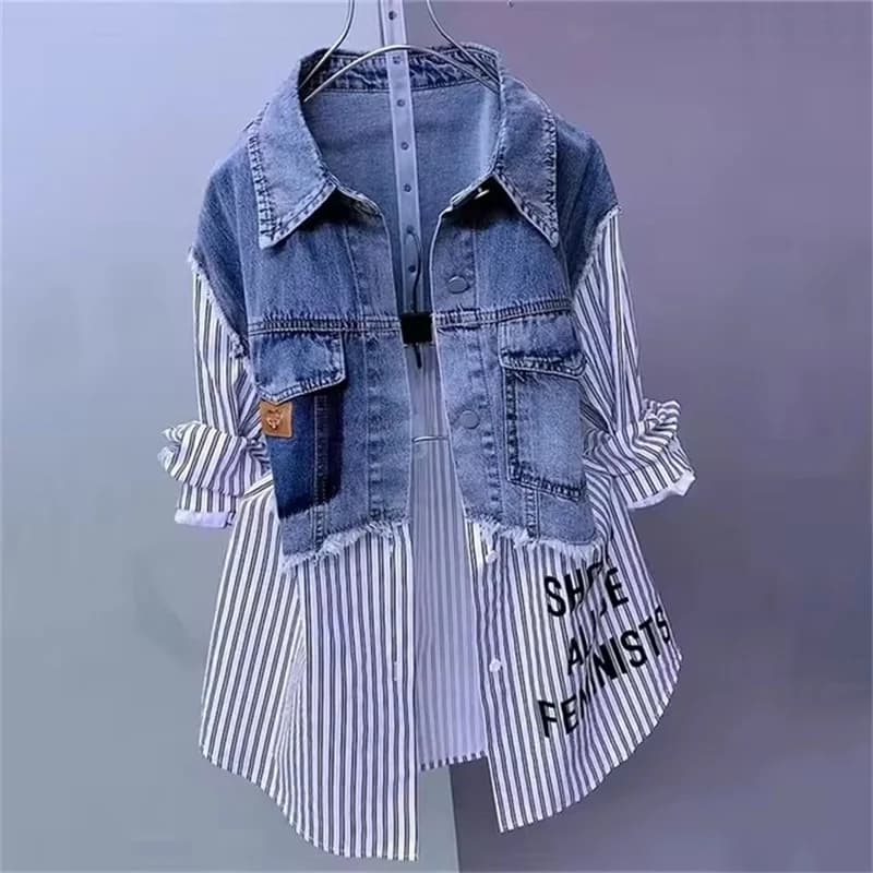2025 Nuova Primavera/Estate Moda Coreana Camicia di jeans a righe Giacca da donna Design Senso Cuciture Giacche da donna Cappotto temperamento