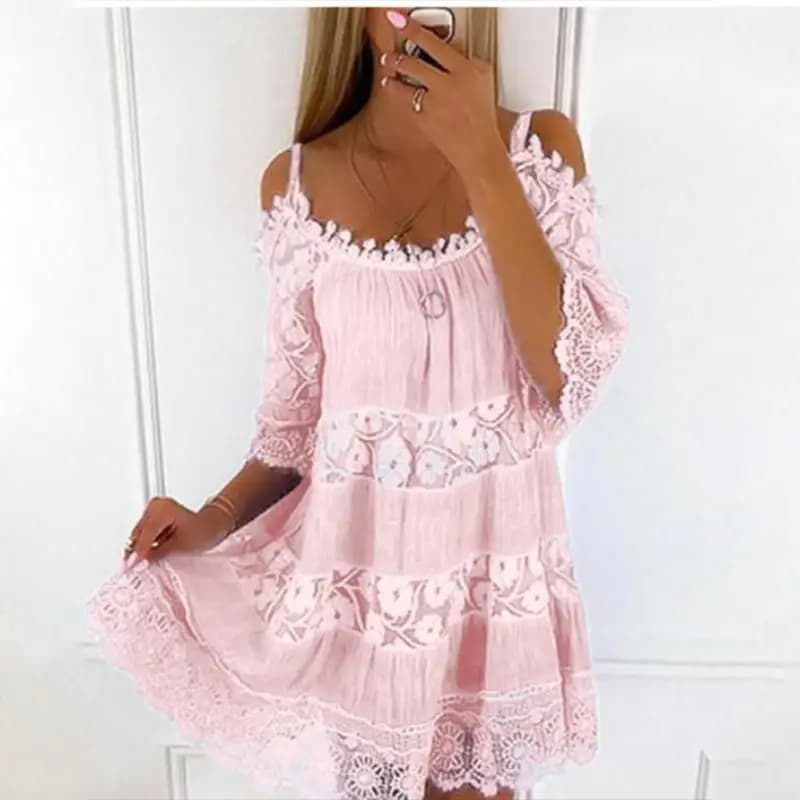 Princess Style off Shoulder Lace Trim Dress Fashionable Color Loose Fit Women's Dress City Walk Suitable Spring Summer