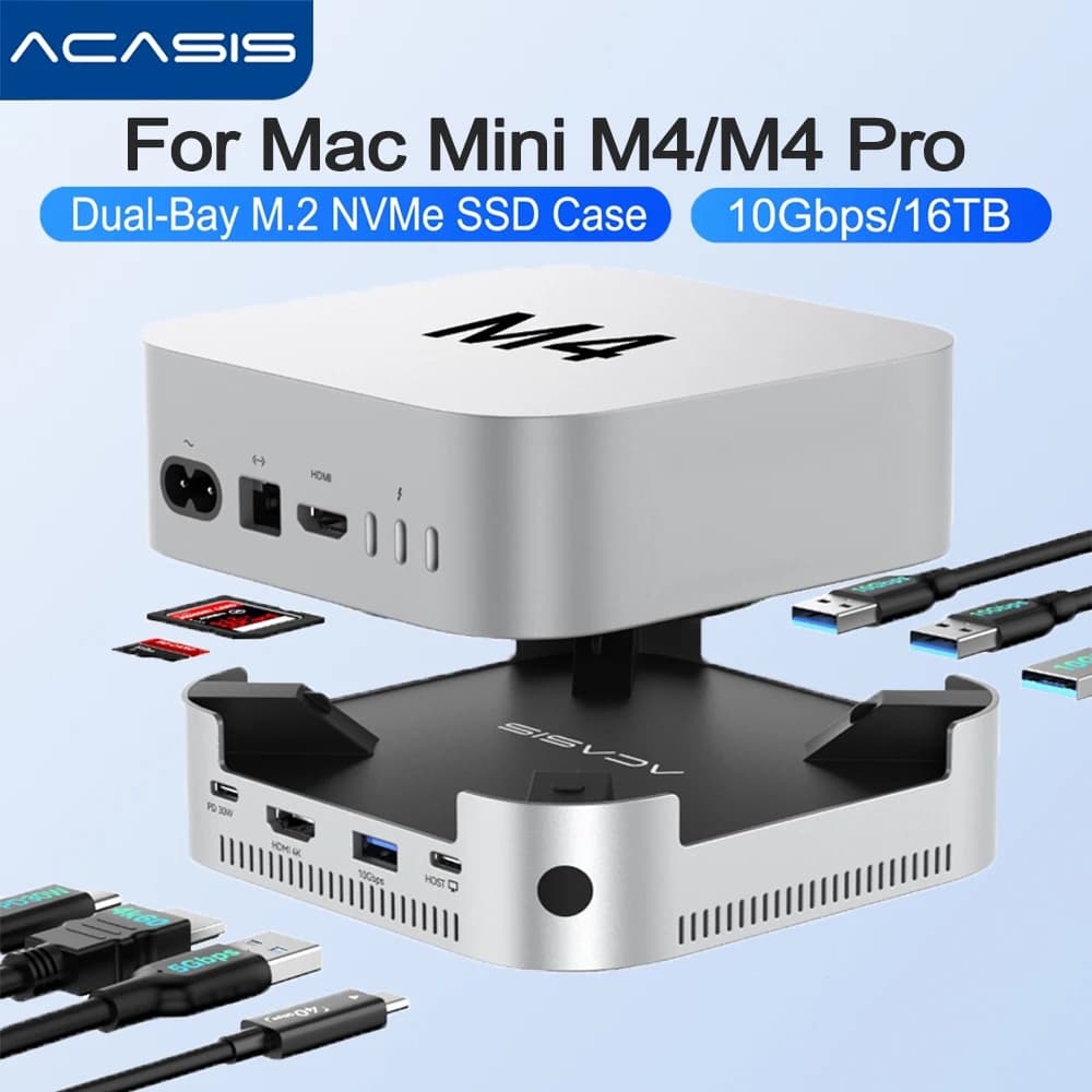 Acasis Mac Mini USB-C Docking Station Dual Bay M.2 NVMe SSD con splitter USB-A 4K60Hz SD e TF 10Gbps per Mac Mini M4