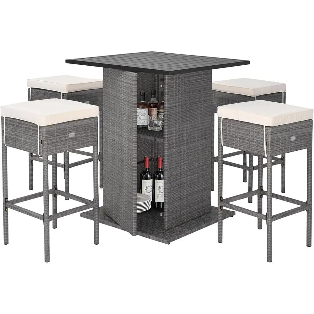 Set da Bar da Esterno a 5 Pezzi con Sedie in Rattan Intrecciato, Cuscini e Tavolo Portaoggetti per Patio o Bordo Piscina (Bianco-Grigio)