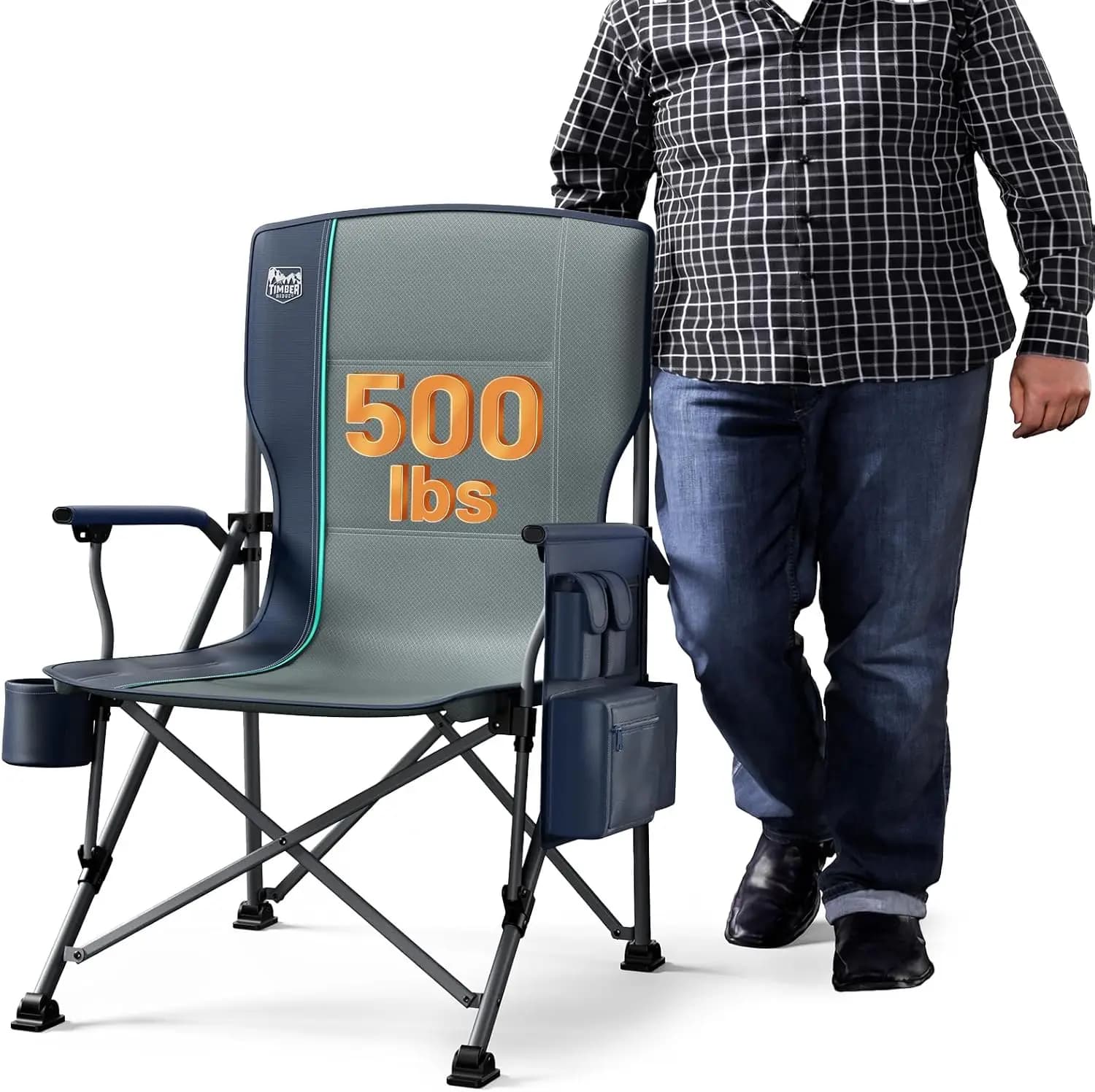 Sedia da Campeggio Pieghevole Oversize con Schienale Alto, Resistente per Adulti, Supporta 227 kg, con Portabicchieri e Tasca Laterale Portabevande