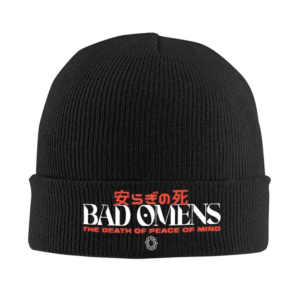 2026 Bad Omens death peace mind text Men Women Unisex Knitted Hat Beanie Pullover Cap Winter Thermal Warm Christmas Outdoor Cycl