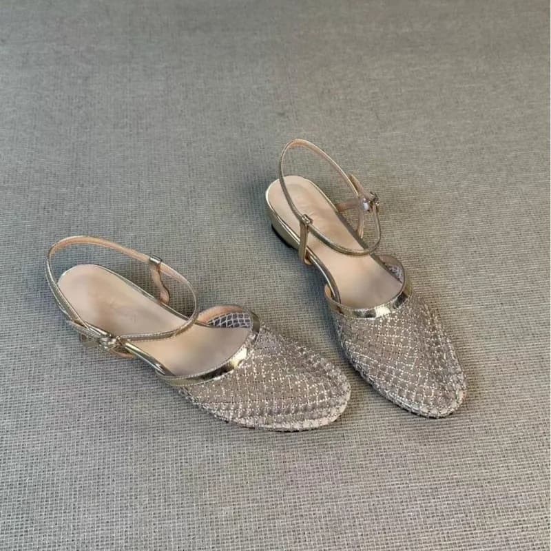French Rhinestone Beautiful Hollow Wedge Baotou Sandals Women's 2026 New Temperament Fishing Net Roman Shoes