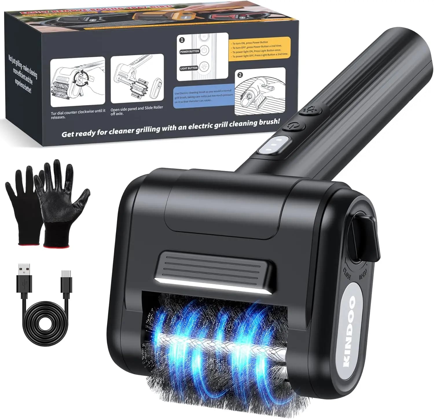 Spazzola Elettrica per Griglia con Luce LED, Motore da 800 RPM per Pulizia Intensiva del BBQ, Setole in Acciaio Inossidabile