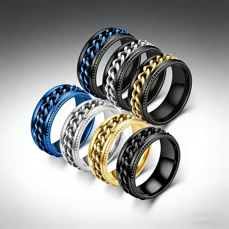 Anello Antistress Girevole in Acciaio Inossidabile con Catena, Gioiello da Dito per Uomo, Accessorio Moda Quotidiana per Alleviare lo Stress