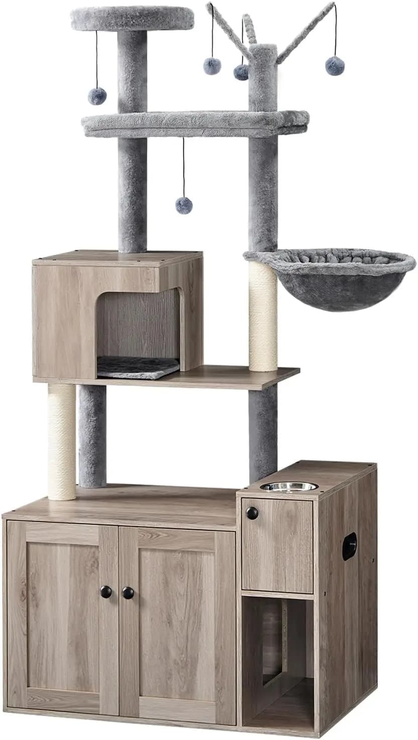 Albero per Gatti da Interno Tutto-in-Uno Greige con Lettiera Integrata, Ciotola per Cibo, Contenitore, Cuccia, Amaca e Posatoio