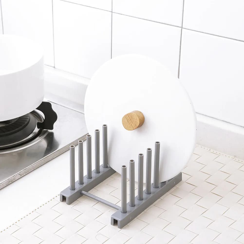 Grey Plastic Dish Rack Kitchen Storage Organizer for Plates Bowls Cups Glasses Baking Sheets Cutting Boards Lids Space Saving