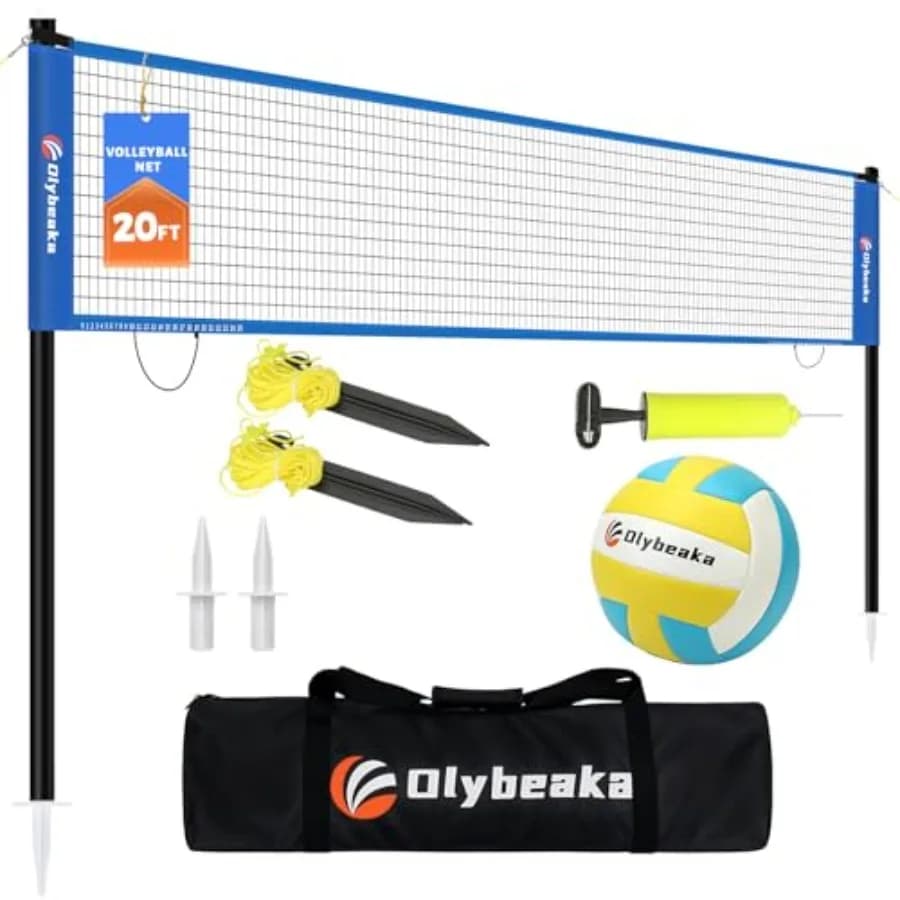 Sistema di Rete da Pallavolo per Esterni da 20FT per Giardino e Spiaggia: Rete in Poliestere Anti-Perdita di Tensione, Pali in Ferro Nero Regolabili in Altezza, Morbidi P