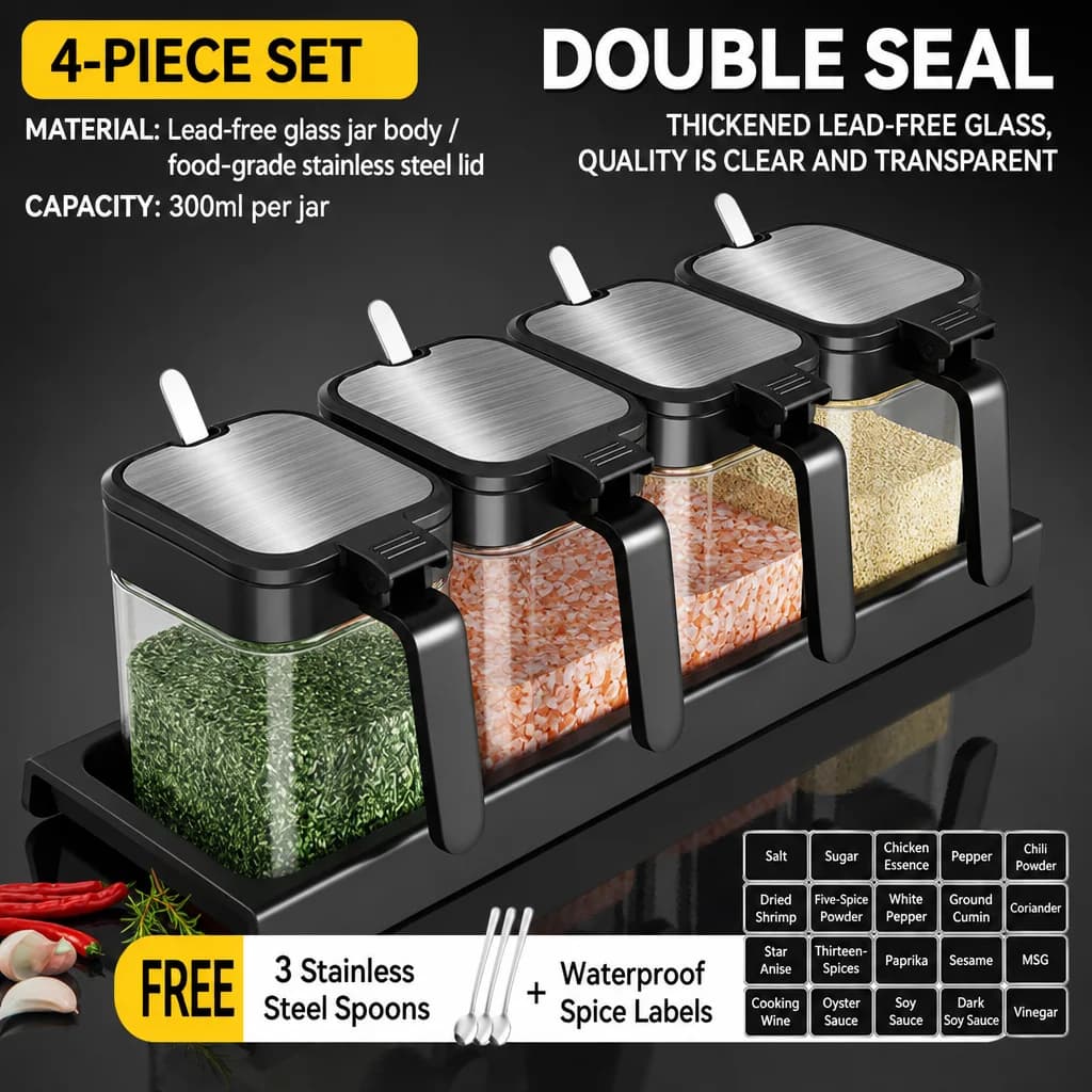 1-5pcs Seasoning Box Set Glass Spice Container Jar Set Kitchen Sealed Salt Shaker with Lid with Spoon with Tray Seasoning Bottle