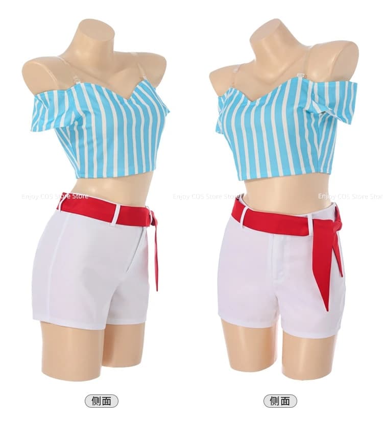 Anime Nami Cosplay Costume Blue Stripe Off-shoulder Swimsuit White Shorts Uniform Wig Adult Woman Sexy Cute Beach Party Suit