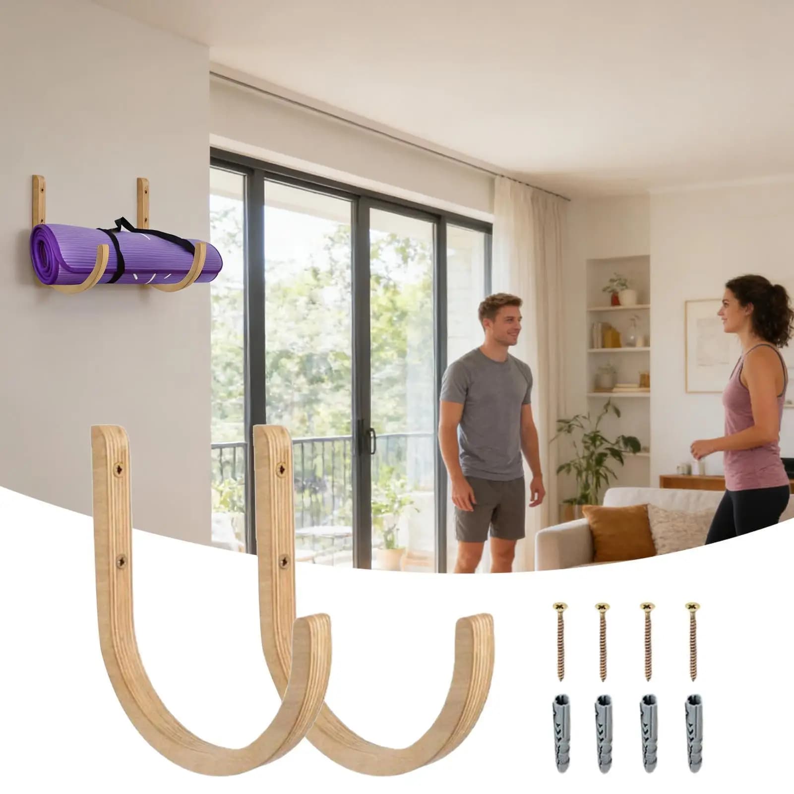 2 Pieces Wall Mount Holder for Yoga Mats and Massaging Rollers, Storage Solution for Studio Pilates, Organizer in Wood Wall