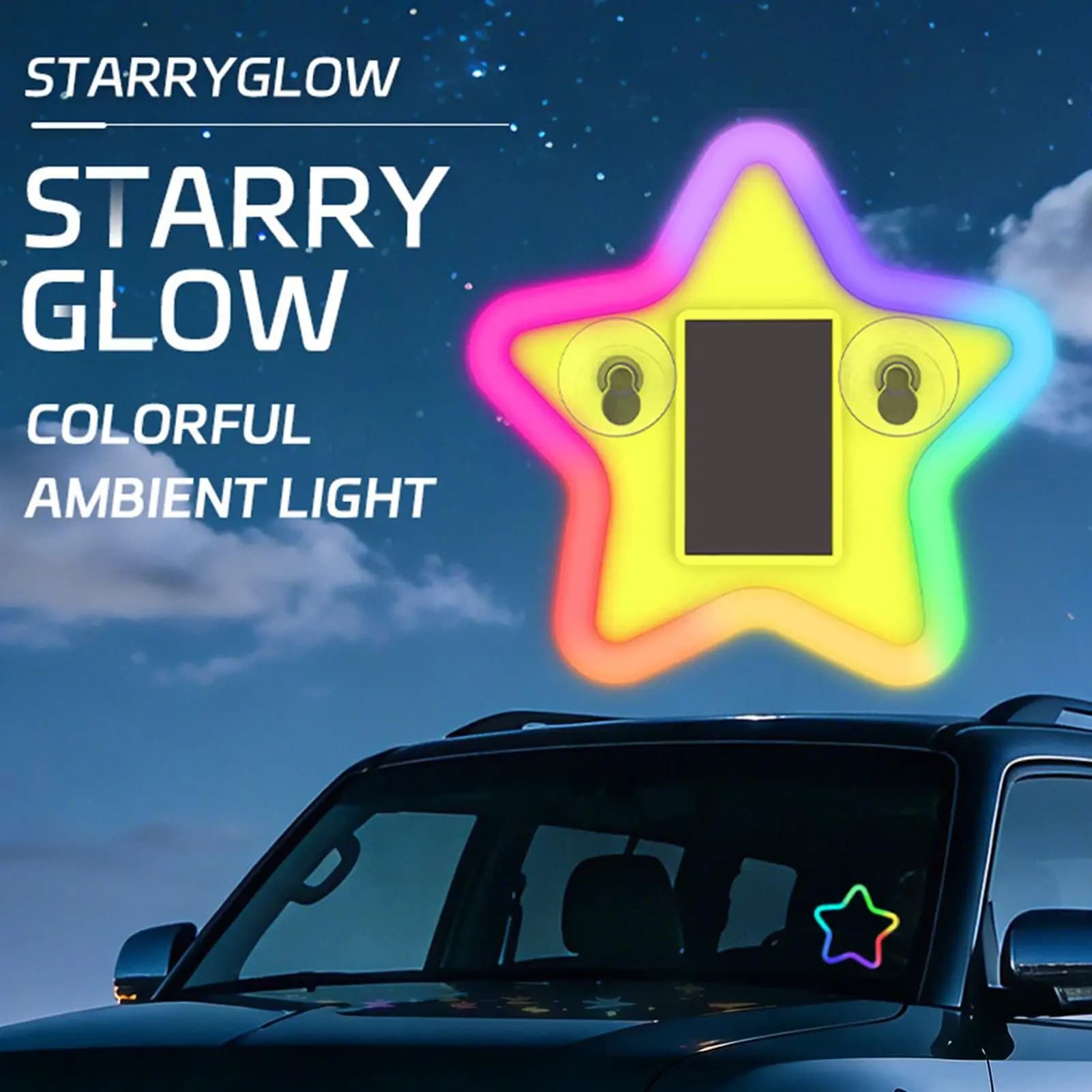 Luce Ambientale a Forma di Stella a Cinque Punte con Sensore Solare, Lampada Decorativa Wireless per Finestrini Auto, Illuminazione Atmosferica Ricaricabile per Veicoli