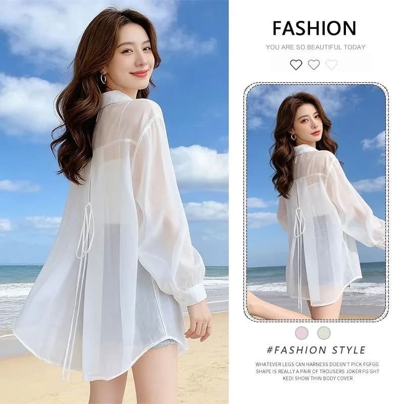 Women's Summer Thin Chiffon Open Cardigan Shirt Sun Protection Outerwear with Strap Vest Top Back Belted Coat for Commute