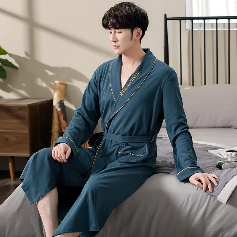 Men's cotton bathrobe, night kimono for spring and autumn, solid color, long, for groom, robe