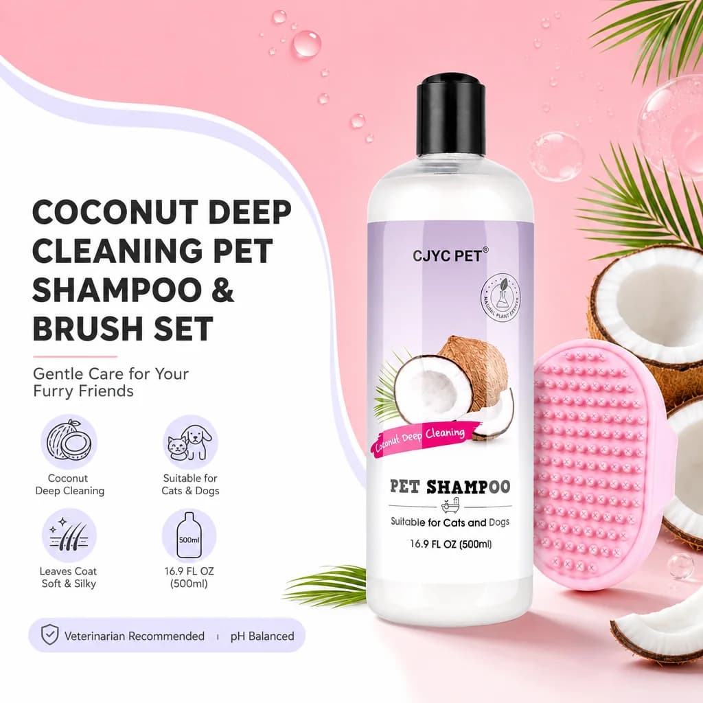 Cat & Dog Shampoo Set - Deep Cleaning and Coat Softening, Coconut Oil Aloe Chamomile Formula with Massage Brush, 500ml