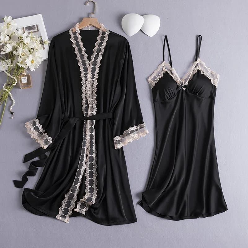 Two Piece Bathrobe Gown Set Lace Homedress Sleepwear Nightgown Sexy Satin Robe Set Women Spring Summer New Kimono Loungewear