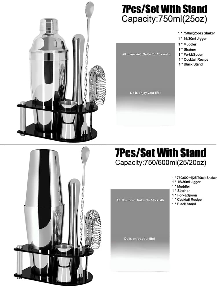 Shaker per cocktail da 7 pezzi con ricette per cocktail stand, 25 once, 25/20 once Shaker Kit da barista, set di attrezzi da bar Shaker Martini 750/600 ml