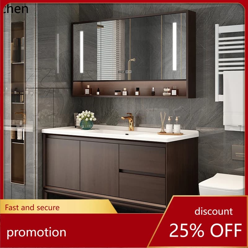 Mobiletto da bagno HT, mobiletto con specchio intelligente, lavabo in ceramica integrato, mobiletto da bagno in legno massello, mobiletto lavabo
