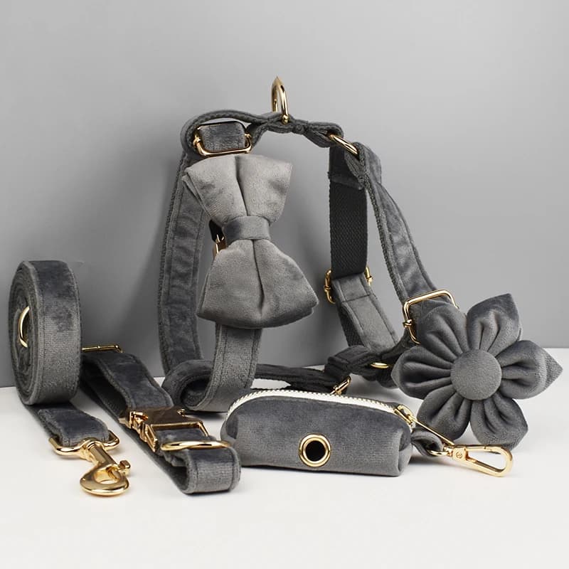 Set di collare e guinzaglio per cani in velluto grigio scuro, con targhetta incisa personalizzata, accessori per animali domestici, guinzaglio per cani Velvet31