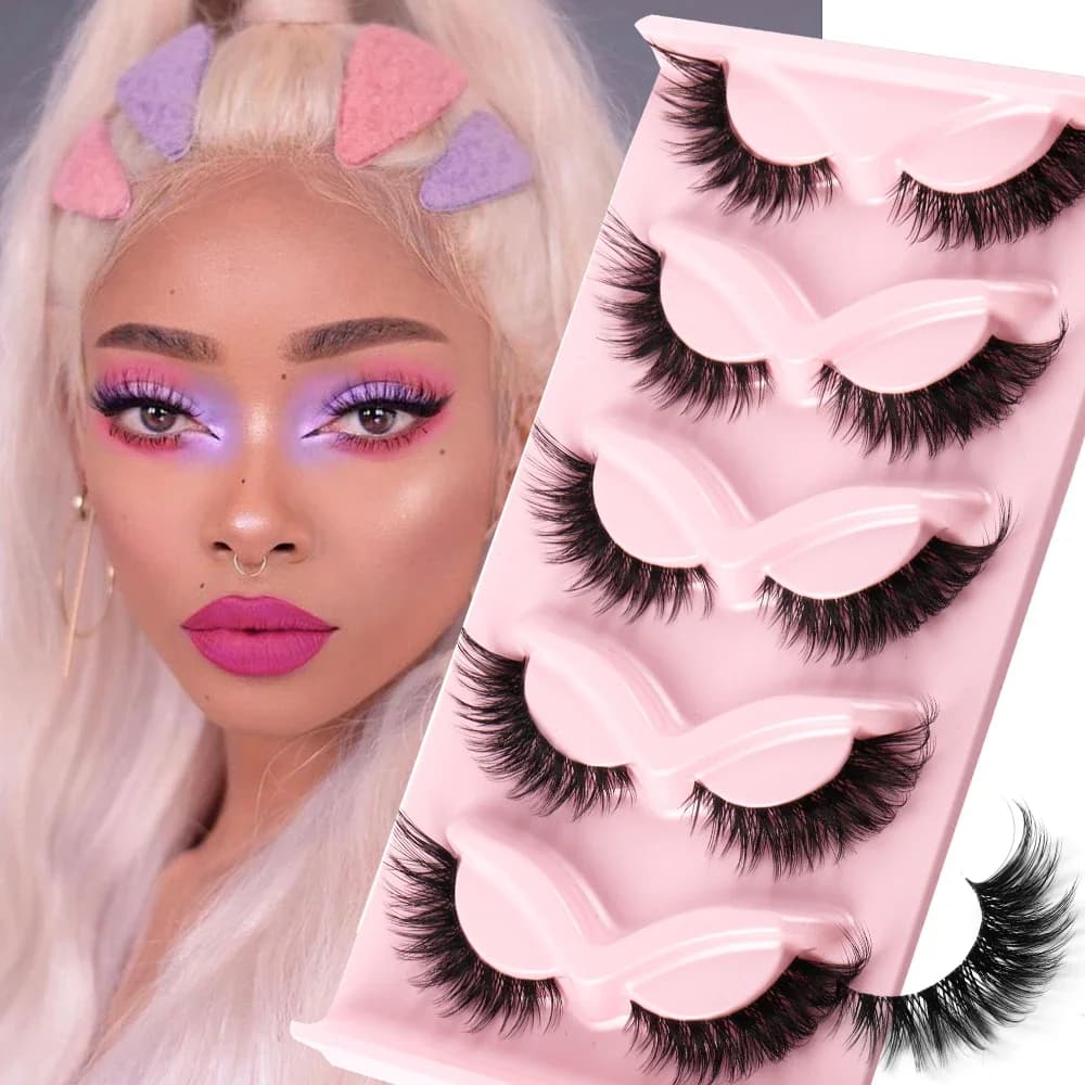 5 pairs of eyelashes Cat eye 3D natural fake eyelashes Fluffy Soft Cross Clear Band Lashes Manga Lashes Wispy Eyelash Makeup