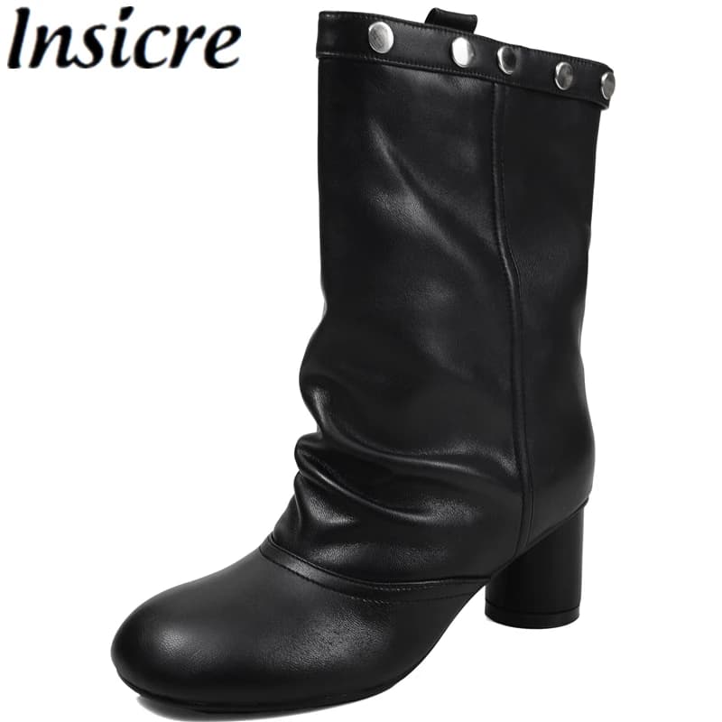 Insicre 2026 New Fashion Women's Ankle Boots Sheep Split Leather Round Toe Thick High Heels Handmade Winter Shoes
