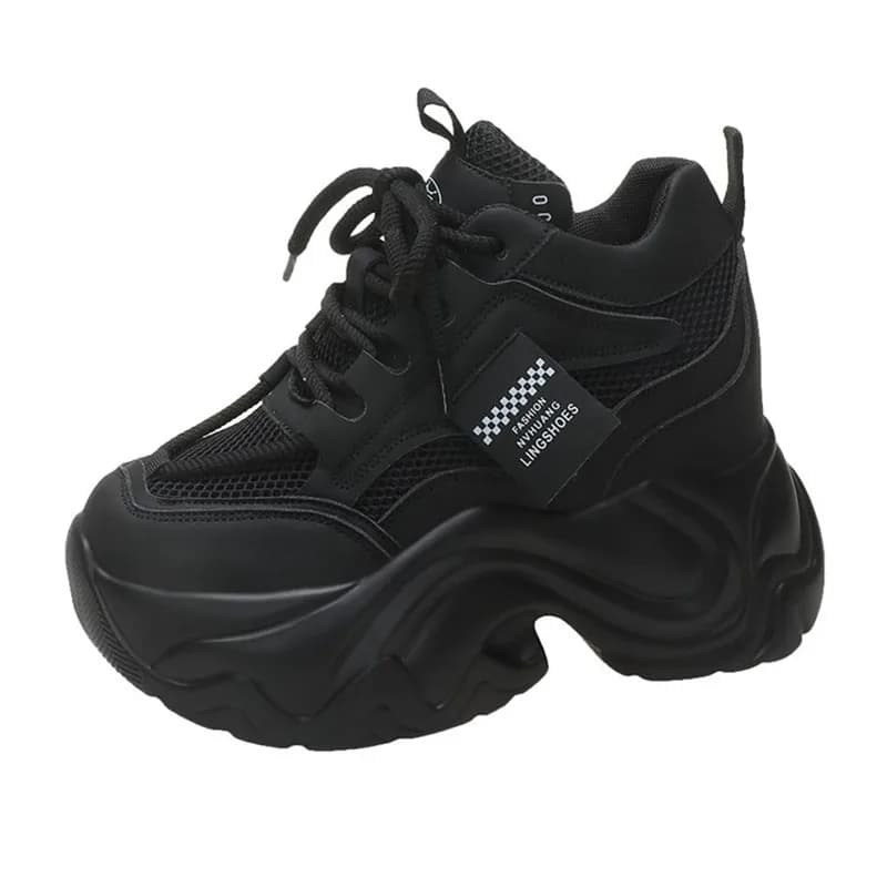 New 2026 Chunky Mesh Leather Women Sneaker Solid Color Internal Increase Casual White Ladies Shoes Platform Trainer Jogging Shoe