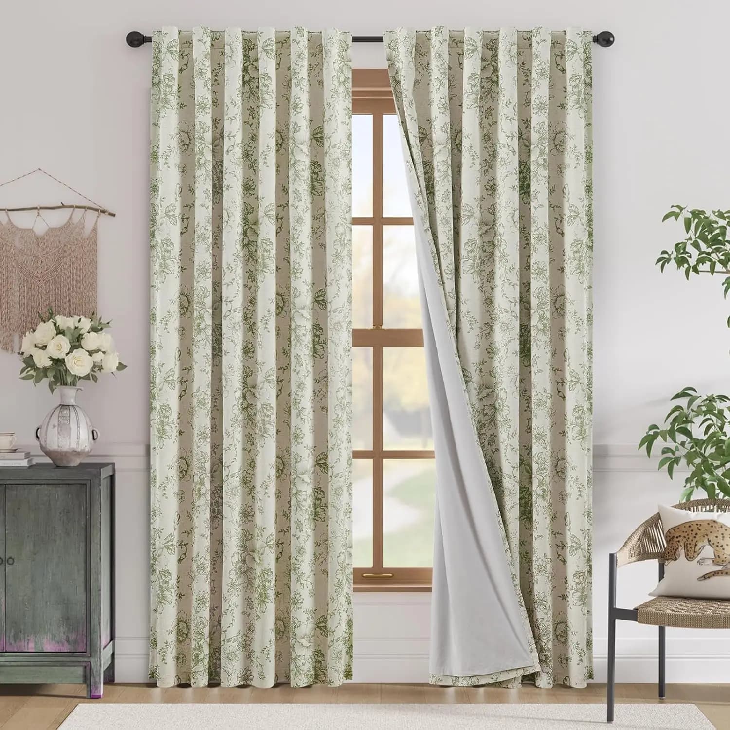 Tende Oscuranti Floreali per Soggiorno e Camera da Letto, in Misto Lino, Stile Rustico Verde Stampato, con Fondo Foderato e Tasche per Asta, 2 Pannelli