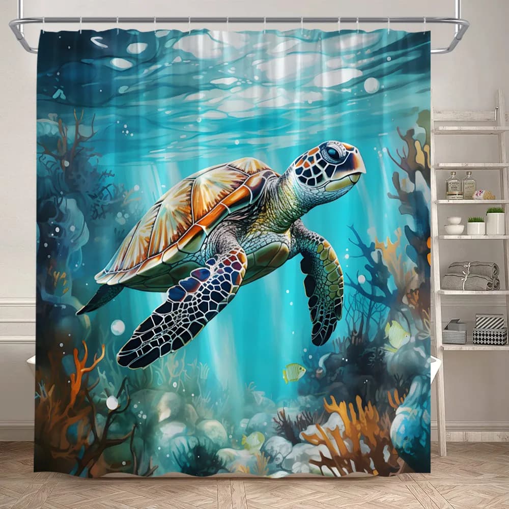 Tende da doccia con tartarughe marine, divertenti animali oceanici, coralli, paesaggi subacquei, tenda da bagno in tessuto di poliestere, decorazioni per il bagno con ganci