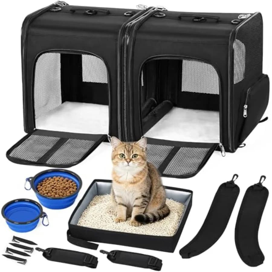 Cat Carrier for 2 Cats, Pet Travel Carrier with Litter Box for Cats and Small Dogs Up to 35 Lbs, Bowls, and Locking Zippers, Bl