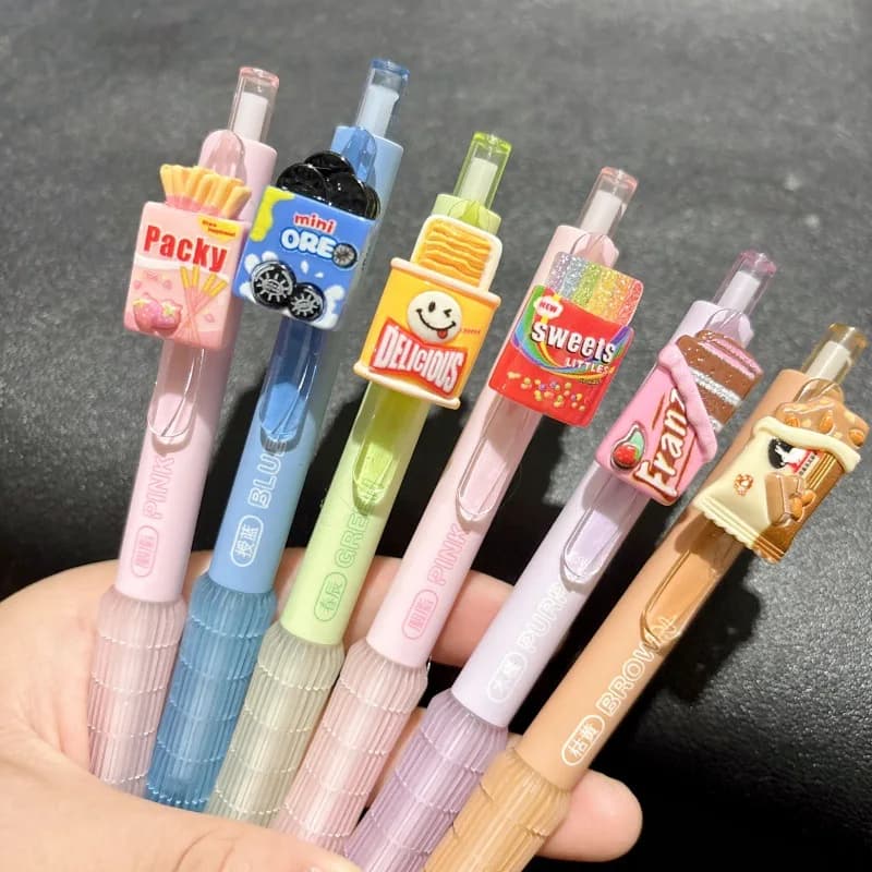 6-pack creative push pen snack-shaped gel pen cute student exam quick-drying black pen weird pen
