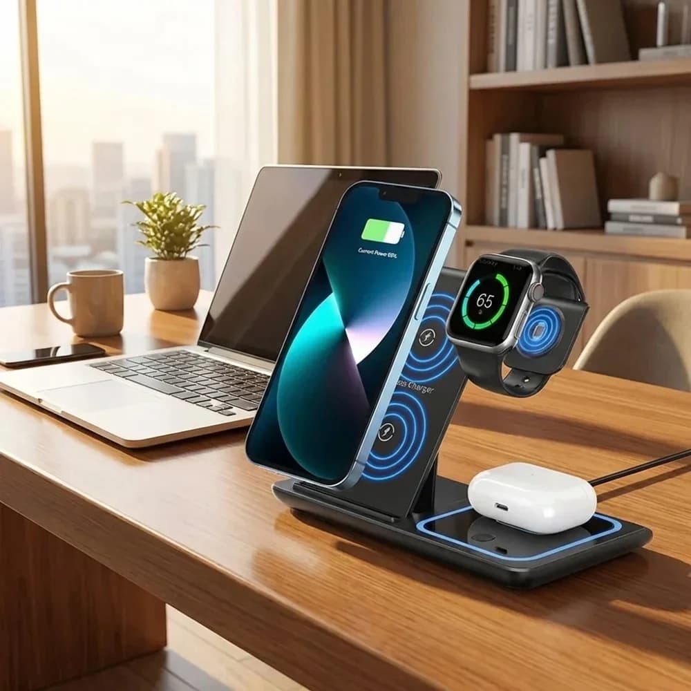 Caricatore Wireless Pieghevole 3 in 1 da 100W, Stazione di Ricarica Multi-dispositivo, Dock di Ricarica Rapida da 15W per Telefoni e Smartwatch