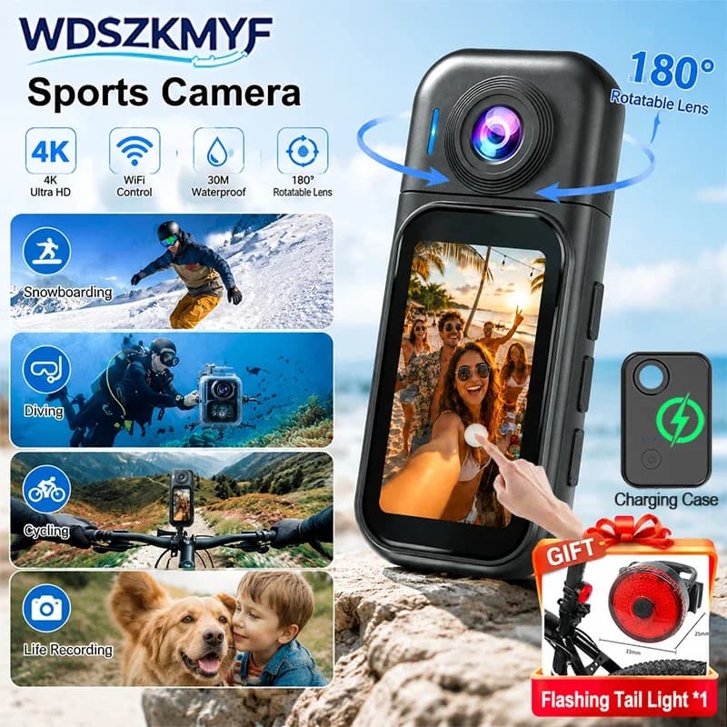 4K/1080P/30FPS HD Camera Mini Sport Camera WiFi Remote Control Waterproof Vlog DV Helmet Go Camera with Charging Case Gift Ideas