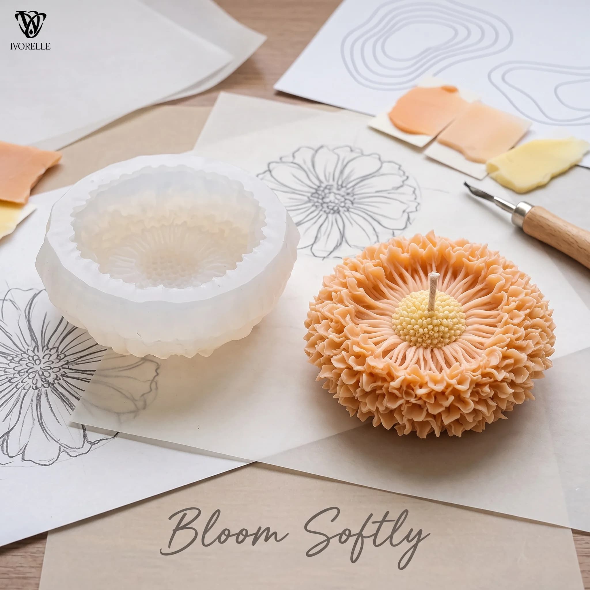 IVORELLE Flower Silicone Candle Mold Layered Petals And Granular Stamen For Wax Resin Plaster Soap DIY Home Decor Craft