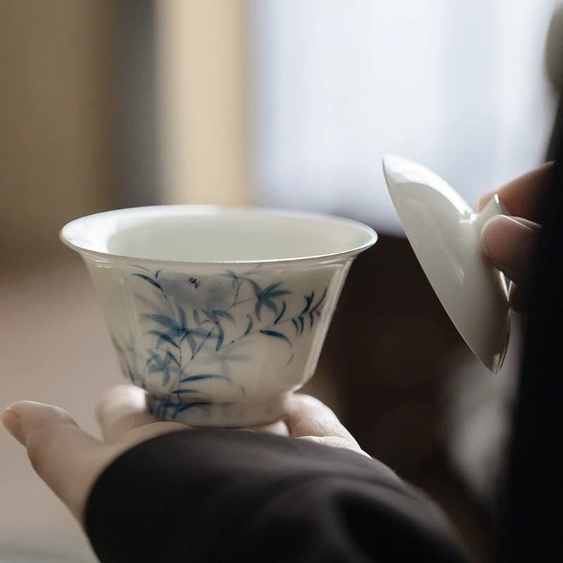 Handmade Jingdezhen Blue White Gaiwan Kung Fu Tea Set Thin Wall Silver Rim Tea Cup Tasting Bowl Porcelain