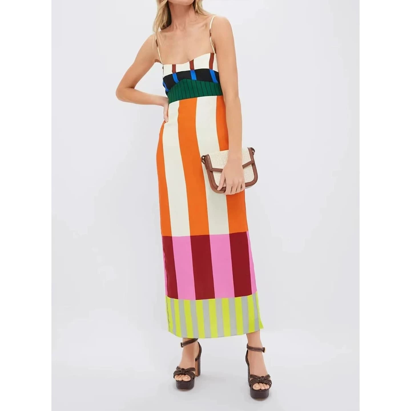 Summer 2025 Elegant Striped Dress Color Block Slimming Split Strapless Gown Women's Fashion Cotton Polyester Print Bodycon Skirt