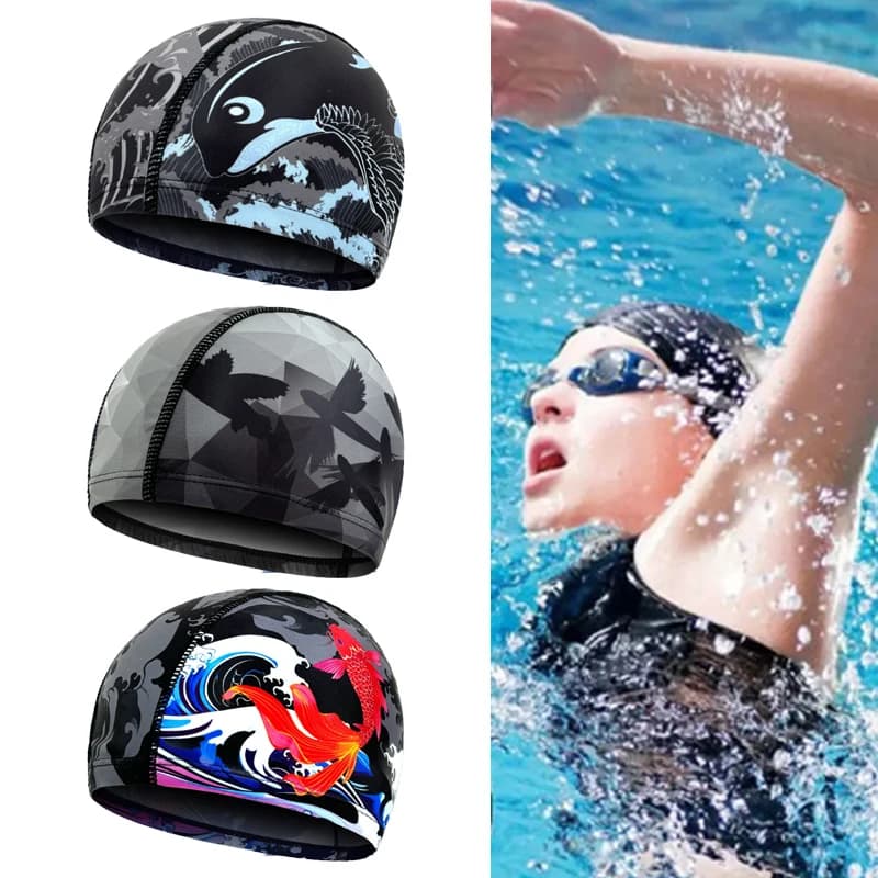 Printed swimming cap figure in breathable mesh fabric man woman quick drying bath hat beach pool accessories
