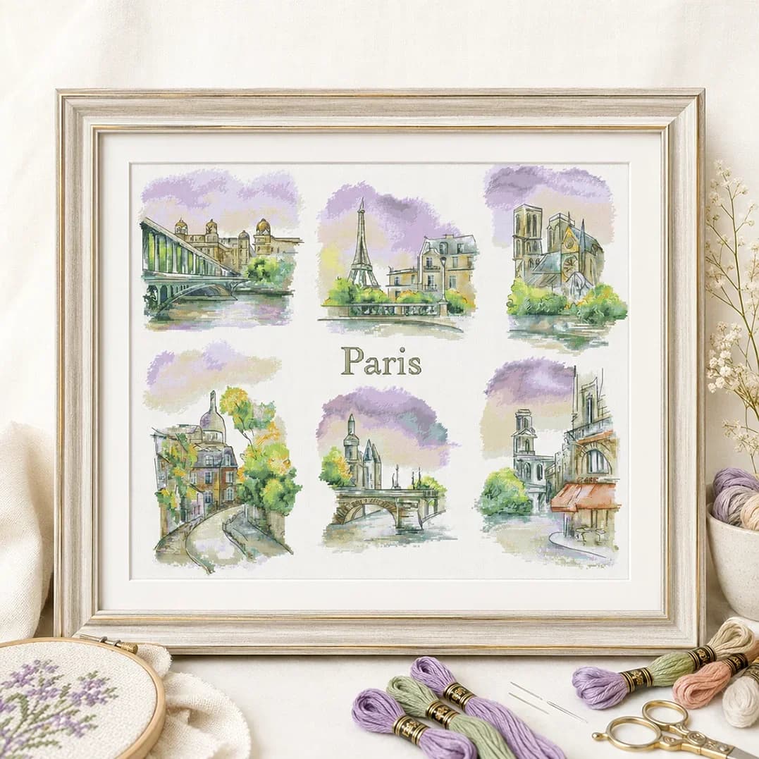 [CC4914-Six Houses of Paris Landscape] Stamped Cross Stitch Kit 11/14/16CT Printed Canvas Cotton Floss DIY Embroidery Wall Decor