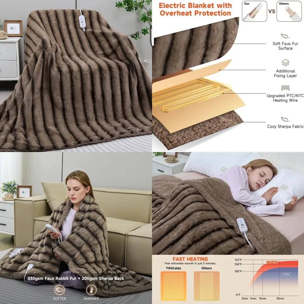 Coperta elettrica doppia pelliccia sintetica peluche 62x84, 5 impostazioni di calore, spegnimento automatico 4 ore, protezione dal surriscaldamento, accogliente scaldapiedi, marrone